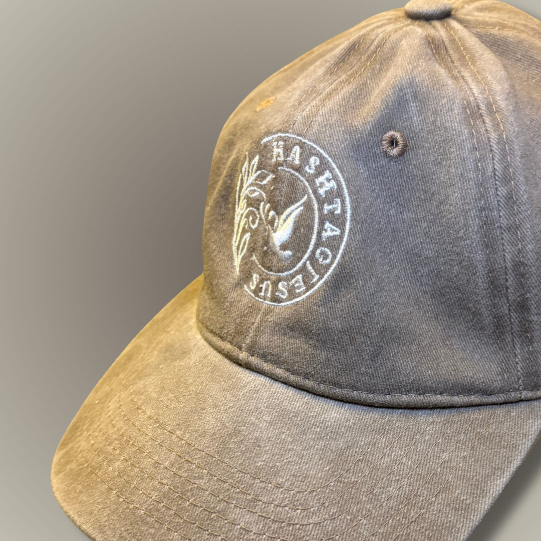 Khaki #Jesus cap — logo close-up